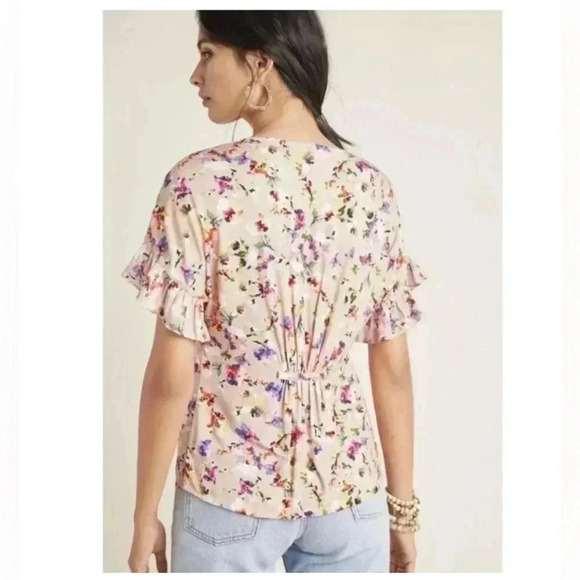 Anthropologie Dolan Blouse Floral Feminine Pink Flowers Ruffles Flowy Buttons - Picture 5 of 14